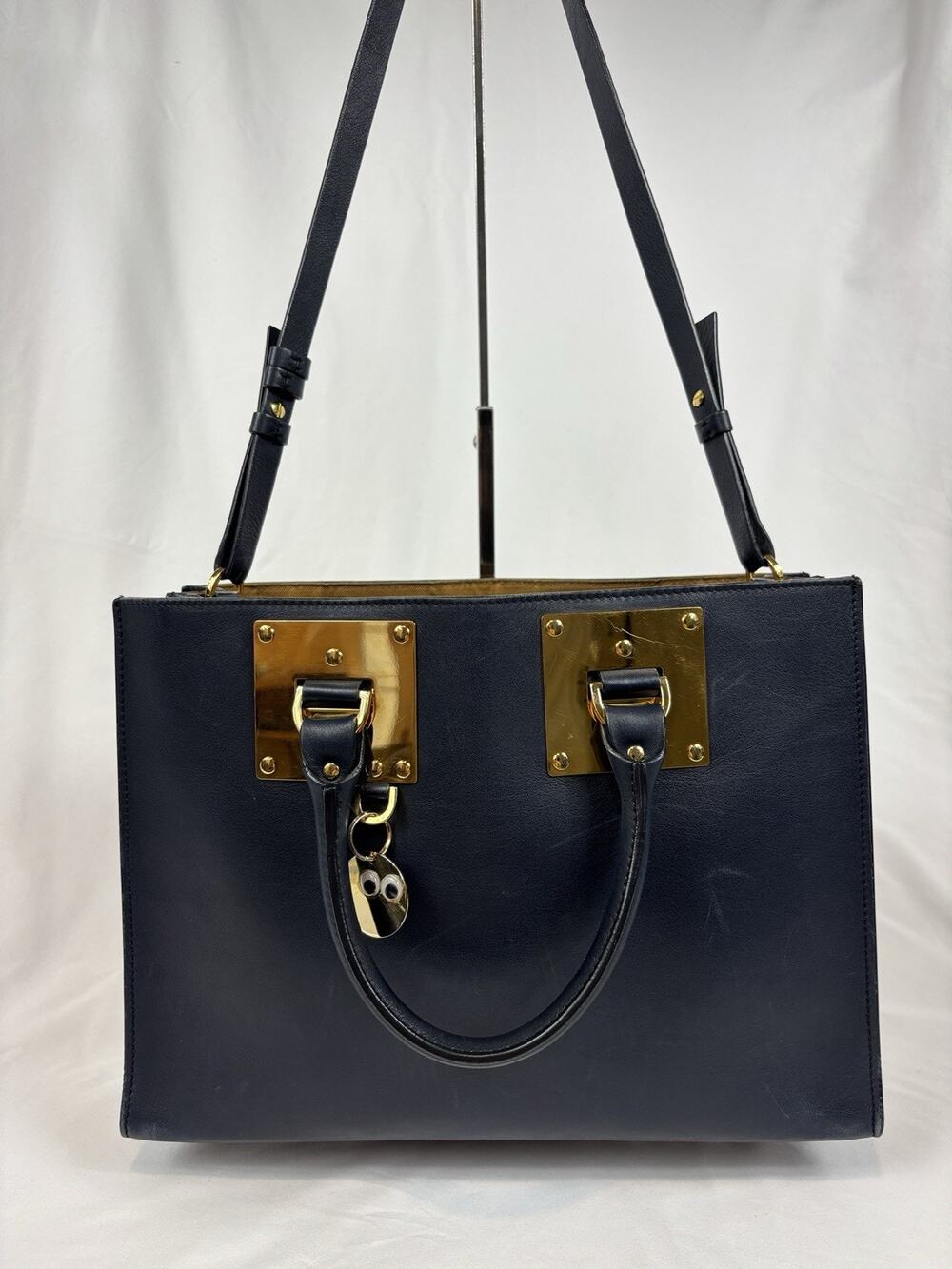 Sophie Hulme Albion Tote Bag Navy Blue Leather Top Handle Shoulder Strap